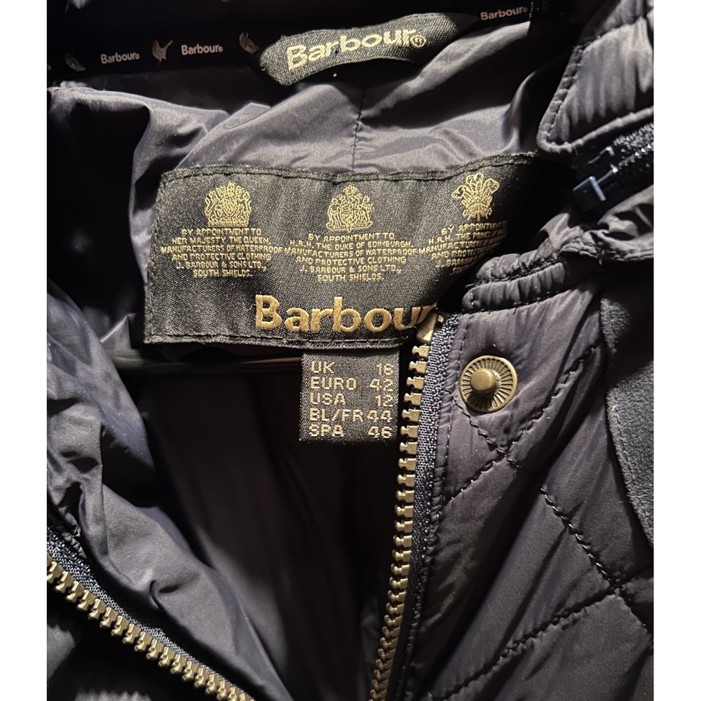 Barbour Greenfinch Midi Jacket Womens Sz 12 Navy Blue Hooded Shoulder Patches - Picture 5 of 14